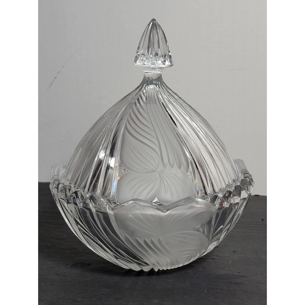 Vintage Mikasa Crystal Candy Dish Frosted Satin Floral Lidded Glass Austria 7in